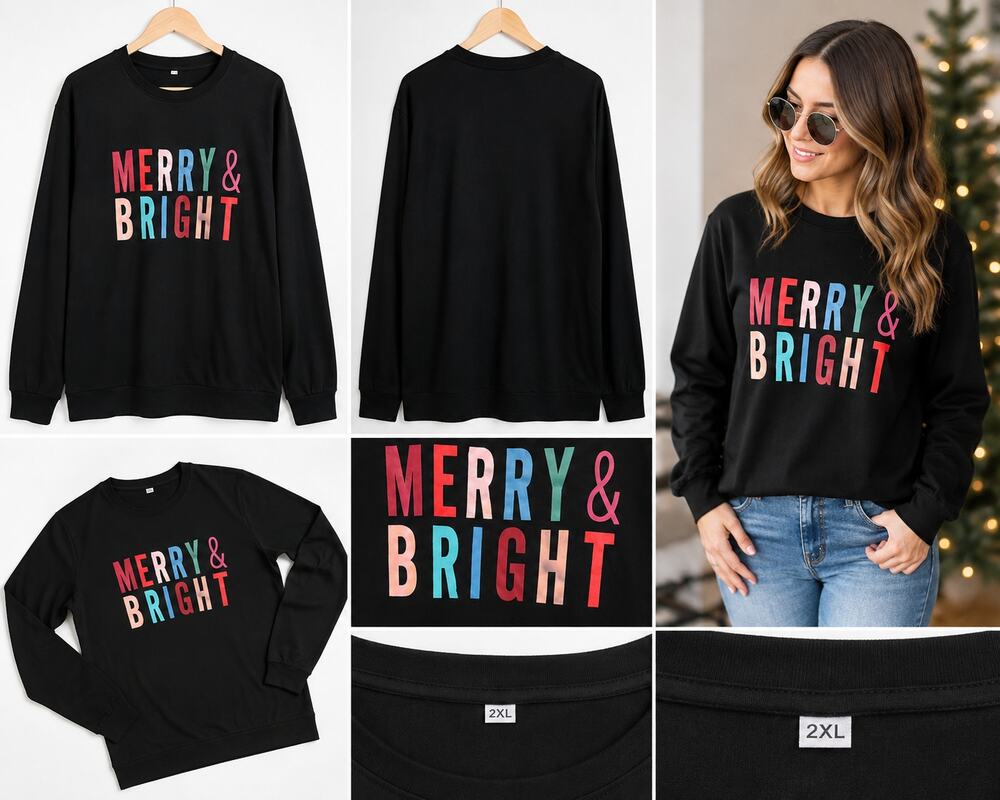 Merry & Bright Christmas Sweatshirt – Black – Size 2XL